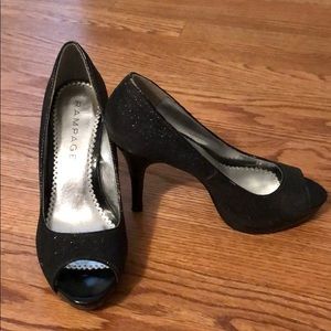 Dark grey glitter open toe 5 in heel.